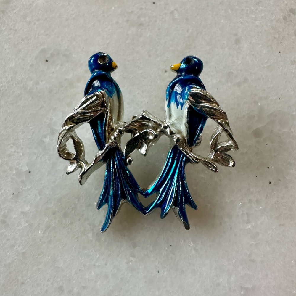 Vintage blue birds brooch | blue and Silver Bird brooch | love birds brooch